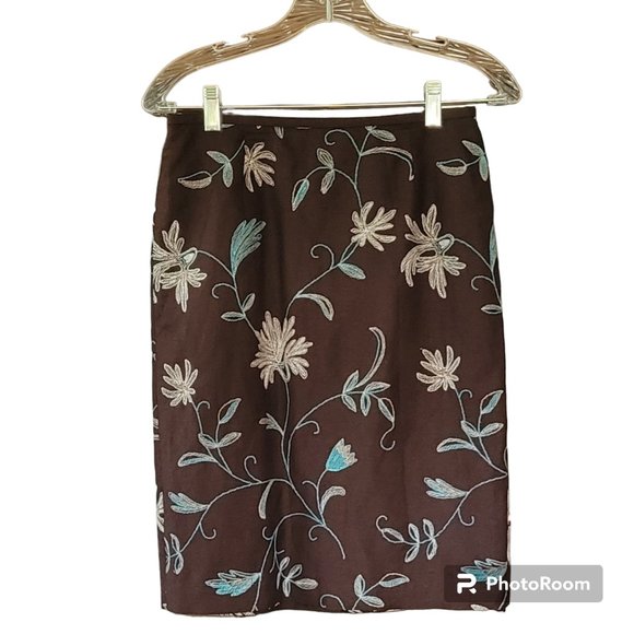 Ann Taylor Loft Linen Skirt Embroidered Fully Lined Mocha Brown - Picture 2 of 8